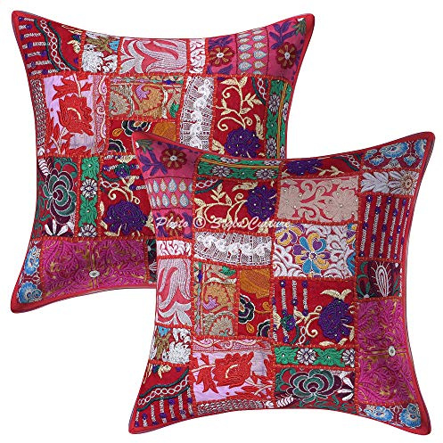 Stylo Culture Ethnicas Funda Almohadon Decorativos 50x50 cm Algodón Abstracto Fundas para Almohadones Sofa Rojo 20x20 Inch Patchwork Vintage Cuadrado sobre Fundas Cojines Dormitorio - 2 Pcs