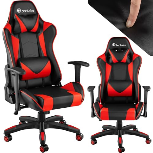 tectake Premium Gaming Chair, Ergonomic and Sturdy, High Seating Comfort with Thick Padding, Height and Submersible Armrests, 360 Degree Rotatable Work Chair, Easy to Clean - Black/Red