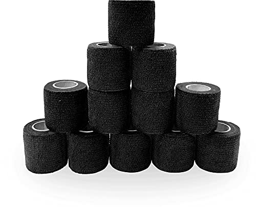 Selbstklebender Verband Haftbandage Selbstklebend 5cm x 4.5m, Tattoo Grip Tape Selbsthaftende Bandage Fixierbinde Selbsthaftend - Ideal für Mensch und Haustiere (Schwarz, 12-Rollen)