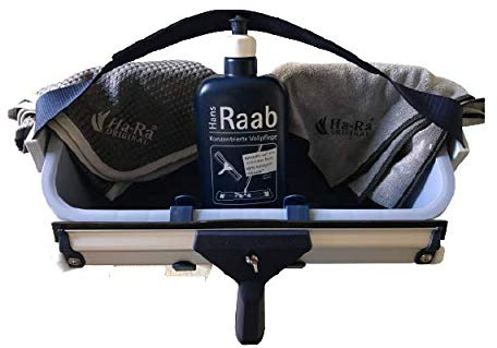 Ha-Ra Fensterreinigung Komplettset: Fensterreiniger 32 cm, 500 ml Vollpflegekonzentrat, Star Tuch, Hammer Tuch und ERA 6 Ltr. Eimer mit 2 Clips