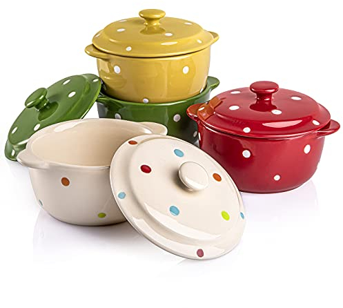 AVLA 4 Pack Porcelain Ramekins, 9 OZ Mini Casserole Bowl with Lid and Handle, Ceramic Souffle Soup Creme Brulee Bowls, Oven Safe, Mini Casserole Dish (Polka Dot, Assorted Color)