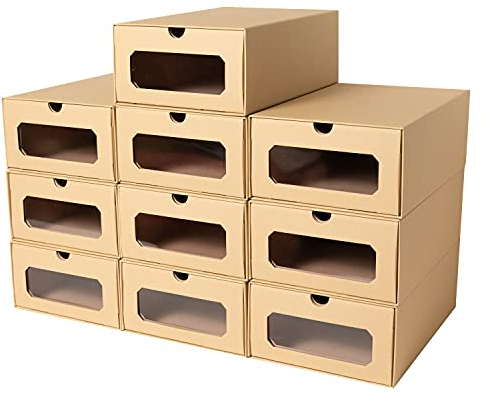 10 x PresentFill® Aufbewahrungsbox - Natur - Made in Germany - Schuhbox Schuhkiste Schuhschachtel Schuhkarton Ordnungsboxen durchsichtig transparent Sichfenster stapelbar aus Pappe