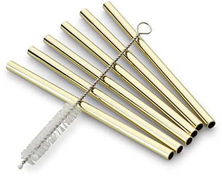 ECHTWERK Trinkhalme Small 7tlg aus Edelstahl inkl. Reinigungsbürste, Gold-Edition, Wiederverwendbar, Unzerbrechlich, BPA-frei, für Cocktails, Longdrinks, Trinkhalm: 12 cm