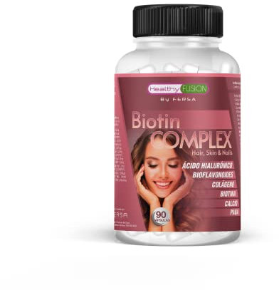 Biotin Complex Healthy Fusion | Biotina, Colágeno – Anticaída y Fortalecimiento Capilar | Hidratación y Protección de la Piel | Uñas Fuertes y Brillantes | Fórmula Nutritiva Completa | 90 cápsulas