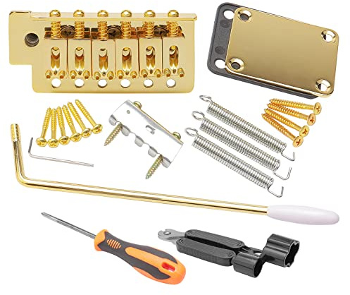 Unxuey Kit de barre de chevalet trémolo pour guitare électrique, doré | Jeu de 6 cordes pour système de trémolo, plaque de manche renforcée, Fender Stratocaster