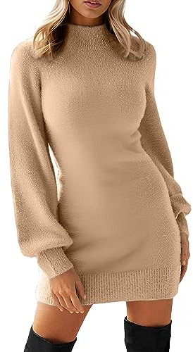 GRECERELLE Womens Jumper Dress Winter Mock Neck Long Sleeve Bodycon Knit Pullover Jumpers Ladies Mini Sweater Dresses (Apricot, L)