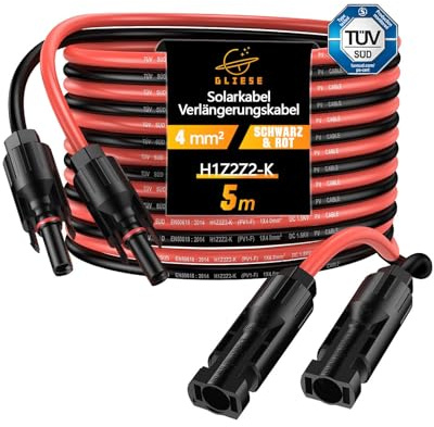 GLIESE Solarkabel 4mm2, H1Z2Z2-K Solarkabel Verlängerung mit Solarstecker, PV Kabel beidseitig rot/schwarz - Photovoltaik Kabel mit Stecker für PV Solaranlage (4mm² x 5m)