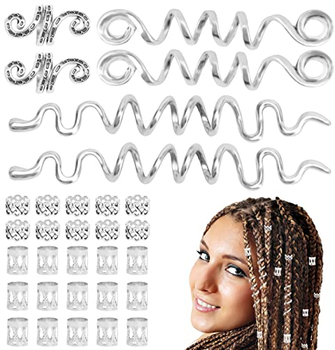 31 Stück Dreadlocks Schmuck Haarspiralen Clips, Silber Verstellbar Braids Haarschmuck für Frauen Männer, Haarspiralen Clips und Haar Ringe für Zöpfe Haar Flecht Dreadlocks Zubehör