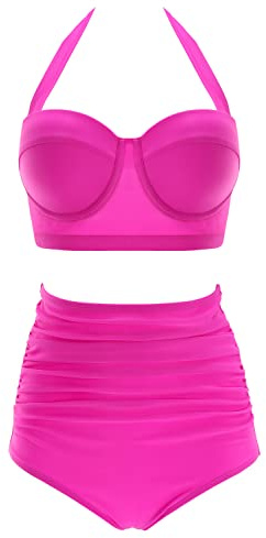 CHERRY CAT Womens Vintage Retro Polka High Waisted Underwire Bikini Two Piece Swimsuits Hot Pink