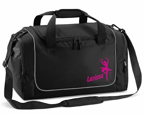 Sporttasche | SCHWARZ | mit Name personalisiert, Ballett Rosa, individuell Bedruckt Geschenk Mädchen Frauen Ballerina Tänzerin kleine Reisetasche Schulsport Geschenk Schulanfang Training