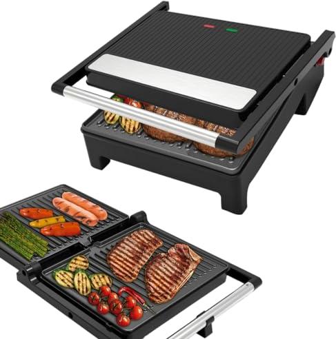 Chef O Matic piastra elettrica per cucinare Multigrill, bistecchiera elettrica antiaderente, Griglia multifunzione per panini maker da 2000W con 2 piani di cottura 33.5 * 33.5cm.
