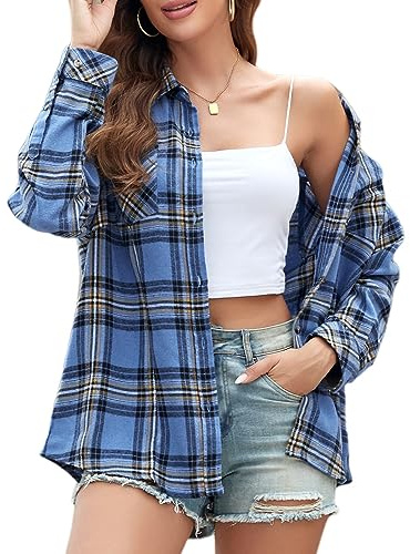 Deer Lady Dam Rutig Flanellskjorta Casual Button Down-skjortor Överdimensionerade Långärmad Blus Toppar 230816-2, Blått och svart, S