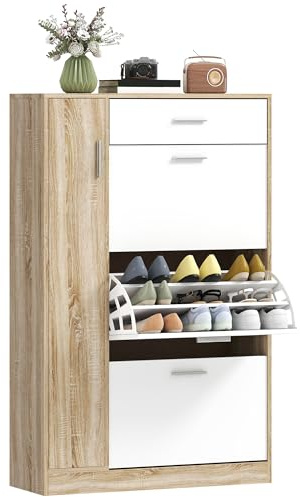 HOMCOM Mueble Zapatero de 3 Puertas para 18-27 Pares de Zapatos Zapatero Moderno con Cajón y Puerta para Salón Entrada Dormitorio 84x30x132 cm Natural