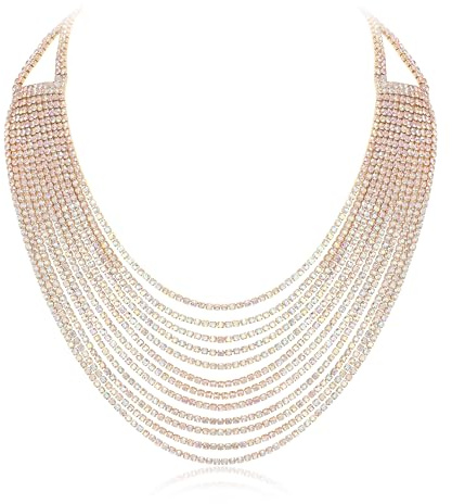 EVER FAITH Strass Fransen Halskette Mehrschichtige klobige Glitter Grau Strass Wasserfall Mehrstrang Ketten Statement Lätzchen Halskette lange Kette Modeschmuck