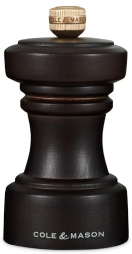 Cole & Mason Hoxton Salzmühle 10,4 cm, Kleine Gewürzmühle, Keramikmahlwerk | Mini Salzmühle für grobes Salz, verstellbarer Mahlgrad, Manuelle, Schokoladenfarbenes Holz, Lebenslange Mechanik-Garantie
