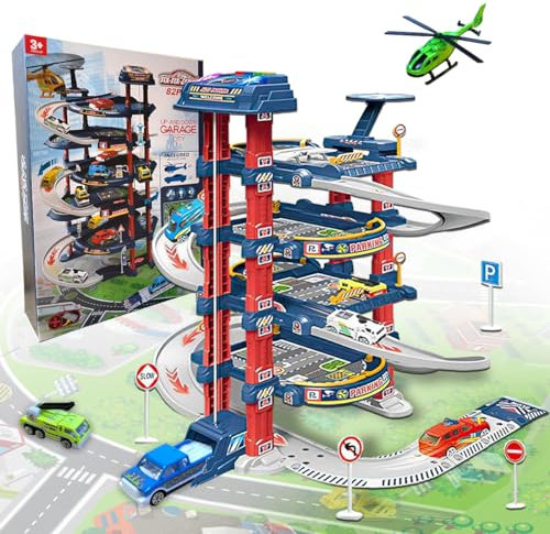 Xwin Sportseries 4-Storey Spiral Parking Garage Playset with Elevator, Helipad & Lights, Race Car Ramp Track Toy for Kids Age 3+
