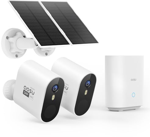AOSU 3K Security Camera Outdoor Wireless with Battery Solar Powered, 2 Wifi Cameras with Homebase 32GB Local, 166° View, 5MP Home Security System, No Monthly Fee, IP67, Color Night Vision