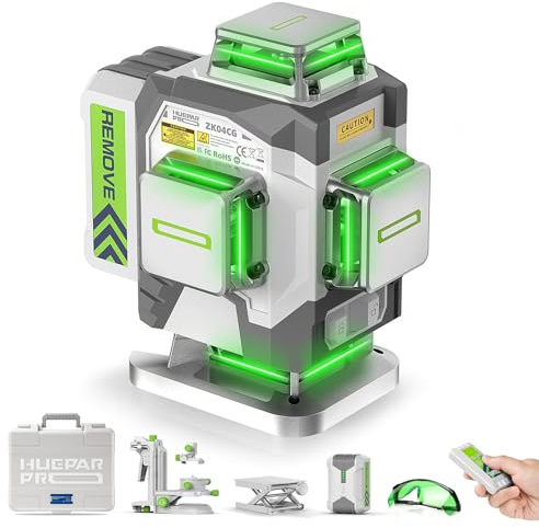 Huepar Pro Laser Level 360 Self Leveling, 4x360° Green Cross Line Laser Tool with Remote Control &8000mAh Rechargeable Li-ion Battery, High Accuracy 4D Laser for Construction, Magnetic Bracket -ZK04CG
