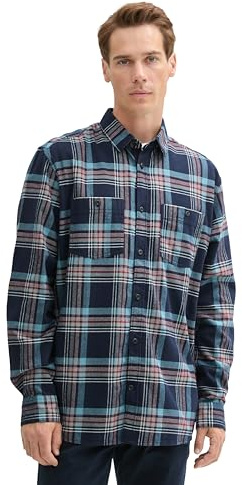 Tom Tailor Herren Comfort Fit Hemd mit Karomuster,35966 - Navy Herringbone Check, XL