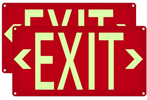 (2 Pack) Photoluminescent Exit Sign Red - with Removable Directional Arrows, With strong self adhesive tape, 14.25 x 7.5 Inches Heavy Duty Aluminum Signs, Fade Resistant, water proof/weather proof