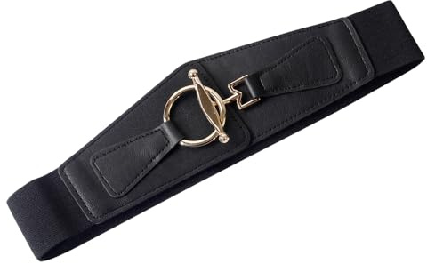 QKEPCY Elastischer Taillengürtel Damen Stretchgürtel Breiter Hüftgürtel mit Goldener Ringschnalle Elegant Taillenband Schwarz