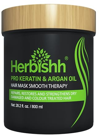 Herbishh Keratin & Argan Oil Hårmask för Torrt Skadat Hår 800 mL, Behandling för Skadat Hår, Djupvårdande Behandling, Hårreparationsmask Sulfat & Parabenfri