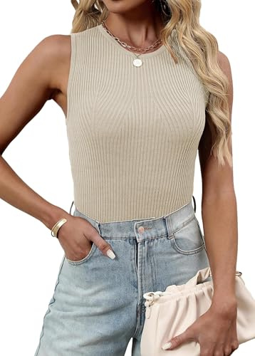 Jhsnjnr Tank Top Damen Sexy Geripptes Strick Trägertop Slim Fit Sommer Hoher Rundhals Oberteile Ärmellose Bluse Elegant
