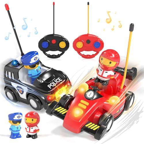Lehoo Castle Toys for 1 2 3 Year Old Boy, Remote Control Cars for Kids Age 3, 2 Pack Pop-up Race & Police RC Car 2 Year Old Boy Toys, Gifts for 1-3 Year Old Boys with Lights & Music