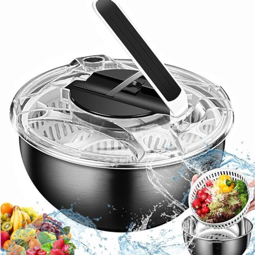 3,5 l Edelstahl-Salatschleuder, Presstyp, Salatwaschtrockner, Gemüse-Dörrgerät, multifunktionaler Gemüseschleuder, Obstabtropfgestell mit sicherem Deckelknopf zum Reinigen, Trocknen und Aufbewahren