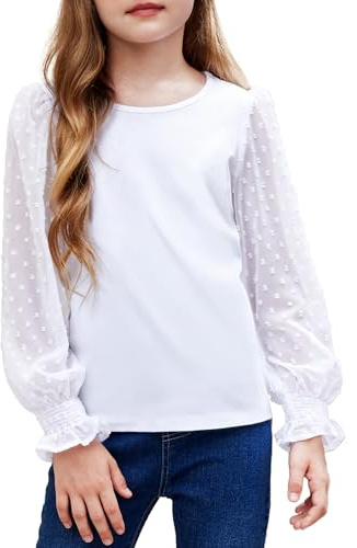 Arshiner Girls Long Sleeve Shirt with Smocked Ruffle Cuffs Polka Swiss Dots Kids Pullover Shirts Cute Round Neck Top Blouse for Girls White 150