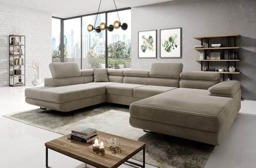 Easy4You Beige Ecksofa Varberg Kord in U-Form 345 x 72 x 205 cm mit Schlaffunktion und Bettzeugbehälter - Schlafsofa mit Bettkasten - Links - Eckcouch mit Stauraum - Stoff: Kord Poso 02