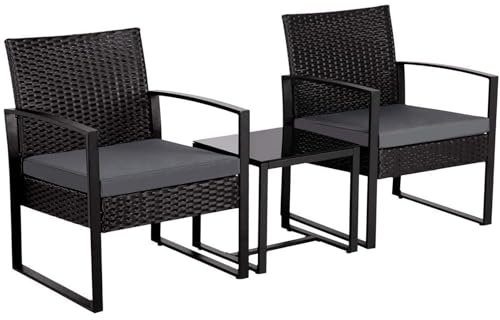 RVUEM 3-Teiliges Bistrostuhl Set FüR Terrasse, Rattan GartenmöBel Set, TerrassenmöBel Sets Aus Korbgeflecht, Moderne Rattan Essgruppen, Mit Couchtisch, FüR Balkon Drinnen DraußEn Hinterhof
