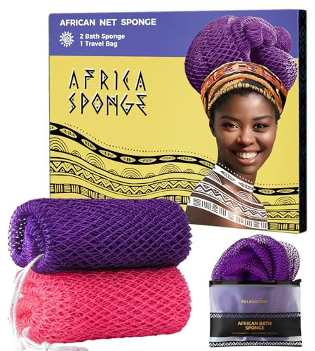 African Net Sponge Authentic - 2 Pieces Loofah Exfoliating Body Scrubber Bath Sponge - Back Scrubber Washcloth for Shower - Real African Scrub Exfoliator Body Care Bathing Accessories for Women