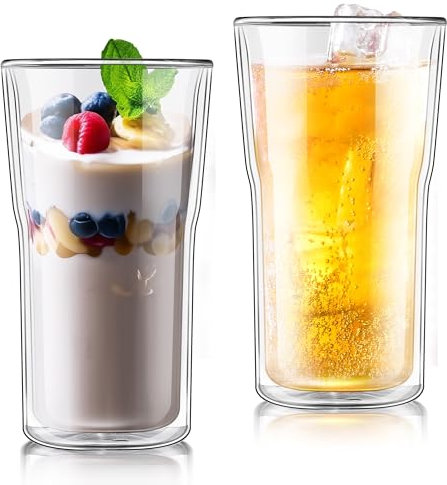 Joeyan 500ml Tazas de Café de Cristal Grande, Juego de 2 Tazas de Vidrio Borosilicato, Vaso Termico Frio de Doble Pared Transparente,para Té,Cerveza,Agua,Latte,Leche,Cappuccino,Macchiato,Sidra