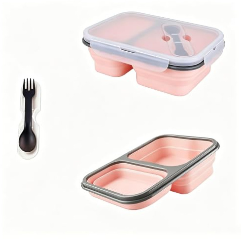 Wjelet Faltbare Brotdose Auslaufsichere Silikon Lunchbox Mit Fächern, Ideal Für Erwachsene Und Kinder, Faltbare Dose Für Unterwegs, Inkl, Löffel Und Gabel, Perfekt Für Schule Und Picknick (Rosa)