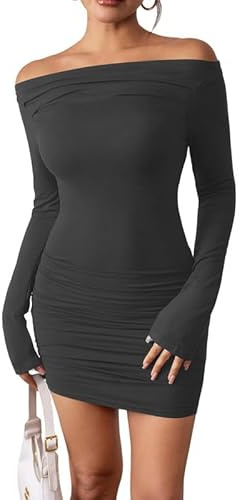 Haibang Damklänning elegant långärmad sexig miniaftonklänning kort axellös ledig klänning bodycon klänning bodycon klänning klubbklänningar ceremoni cocktail party bal fest, Grå, L