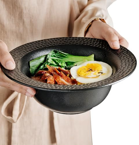 Tazón De Fideos Creativo|Ensaladeras De Cocina|Tazón De Ramen De Vajilla De Cerámica|Tazón De Mezcla Redondo Apilable|Apto Para Lavavajillas Y Microondas,Negro-4PCS,25x8,5 Cm (9,8x3,3 Pulgadas)