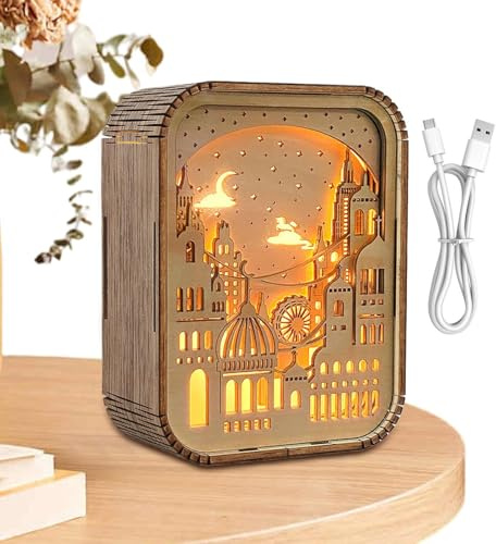 Luz nocturna, lámpara de noche de madera – Luz de noche LED de madera, lámpara de mesa tallada de madera con efecto de luz y fascinante para el salón