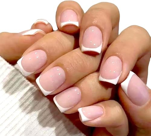 ZEPIQOR 24 Stück Eckig Nägel Zum Aufkleben, French Tip Press on Nails Kurz, Nude Natürlich Weiß French Fake Nails mit Nagelkleber für Frauen Nail Art, nägel zum aufkleben