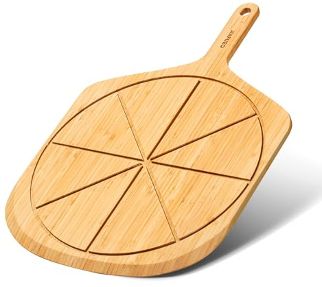 JIAFUEO Wooden Pizza Peel 16 Inch, Large Bamboo Pizza Paddle Spatula - Serving Board, Wood Pizza Cutting Boards with 8 Slice Grooves and Handle for Kitchen Oven Pastry Pizzas