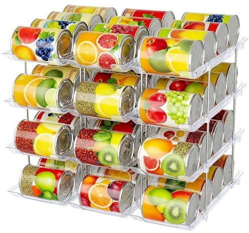 aleawol Can Storage Organiser for Pantry Fridge, Holds Up to 48 Cans | Free Combination, Stackable, Automatic Rolling Soup Can Organizer, Adjustable Height and Width, Clear Canned Goods Organiser