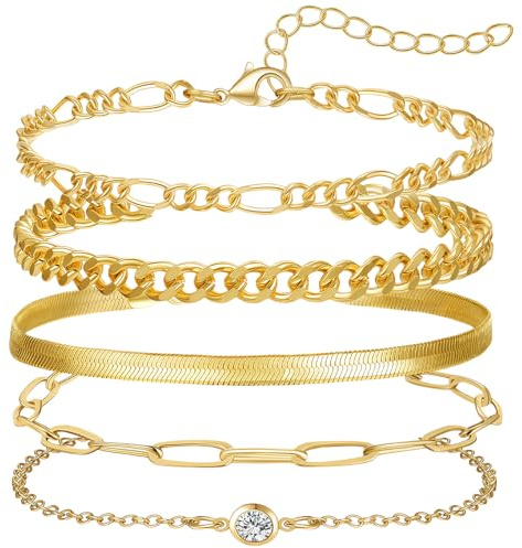 GWAWG 5 Pièces Bracelet Femme en Or 14K et Acier Inoxydable, Lot de Bracelets Serpent et Figaro Réglables - Ensemble de Bijoux Élégants pour Femmes et Filles