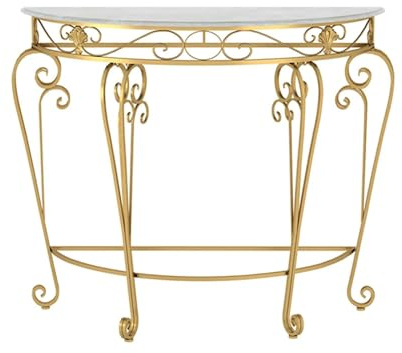 GUQASDV Tavolo consolle a Mezzaluna con lastre di Roccia, Consolle Ingresso con Piano in Finto Marmo e Gambe a Volute in Metallo, Tavolo da Divano Stretto semicircolare(Gold,90x80cm/35.4x31.5in)