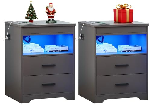 FREDEES Nachttisch 2er Set mit Ladestation & LED-Beleuchtung | Versteckte Schublade, 3 Lichtfarben, Bewegungssensor, USB & USB-C, Offenes Fach, Grau