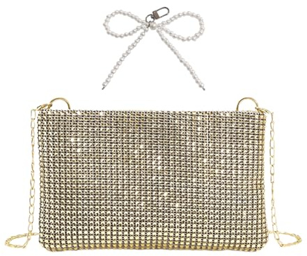 DGHEGDUI 1 Goldene Glitzertasche, 1 Schleife Perlenkette, Damen Umhängetasche Mit Strasssteinen, Modische Und Exquisite Clutch, Geeignet Für Geburtstagsfeiern, Cocktailpartys, Hochzeiten.