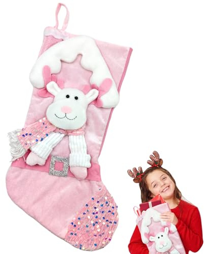 KECDRU Nikolausstrumpf Zum Befüllen Rosa Groß 3D Glitzer Weihnachtsstrumpf Nikolausstiefel Nikolausstrümpfe Weihnachtssocken Zum Aufhängen für Kamin Weihnachtsdeko (Rentier)