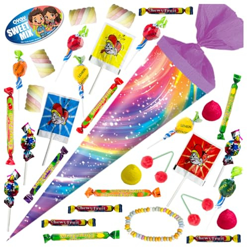 OYOY 35cm Schultüte klein gefüllt mit 275g Süßigkeiten Mix I Regenbogen Sparkles I Ausbildungsbeginn Geschenk I Zuckertüte Mädchen Studienbeginn I Job Geschenke I Schulbeginn I Bunt I Schultüte