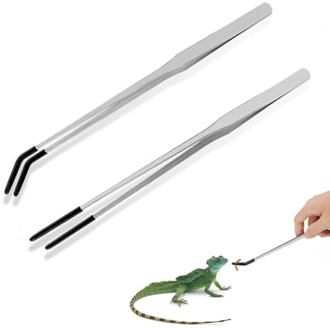 Reptilien-Futterzange mit Gummispitze, Edelstahl, gerade und gebogen, lange Aquarium-Pinzette, extra lange Pinzette für Aquarium und Terrarium, 2 Stück