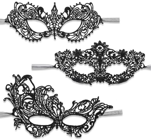Lusofie 3 Stück Masquerade Mask Schwarz Spitzenmaske | Lace Augenmaske für Kostüm Halloween