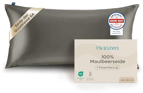 Twinzen Seidenkissenbezug 100% Silk Pillowcase 22 Momme Güteklasse 6A - Oeko-Tex Zert. für Haar und Haut - 1 Stück Dunkelgrau 40 x 80 cm